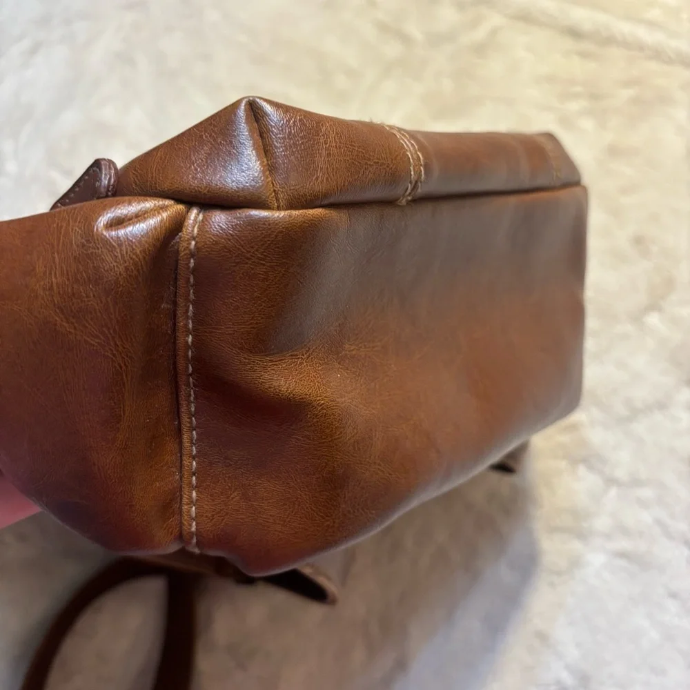 Connections Mini Backpack Tan Cognac Faux Leather Brass-tone Hardware Brown Intr
